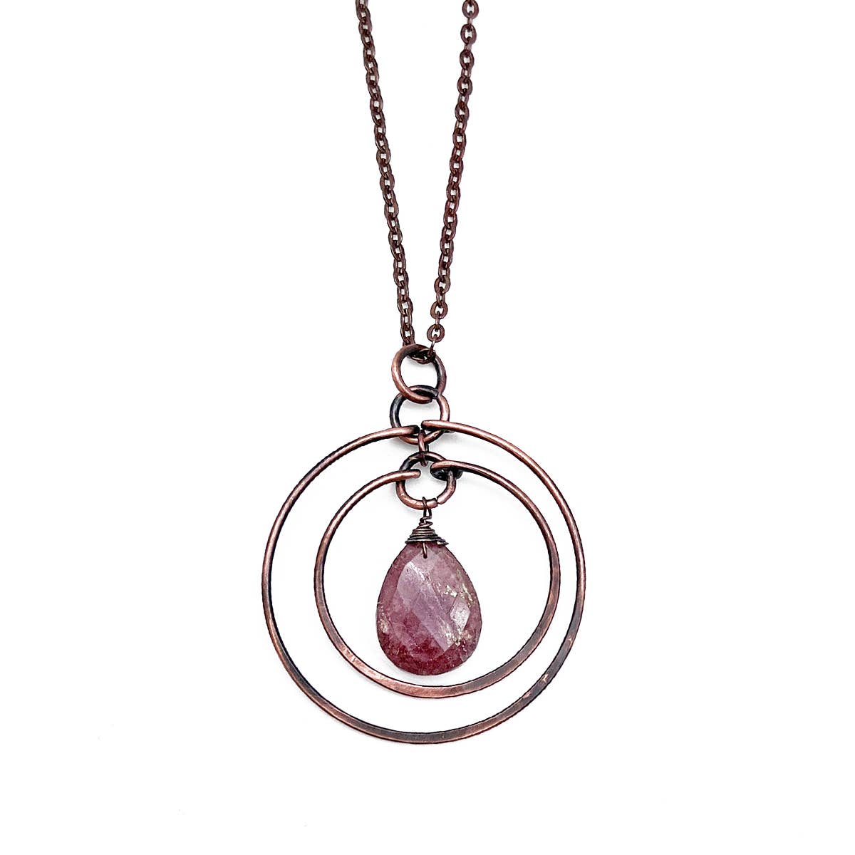 Handmade Antique Copper Double Hoop & Strawberry Quartz Neck