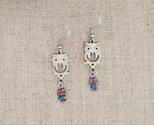 Alcohol Ink Stainless Owl Connector   Earrings