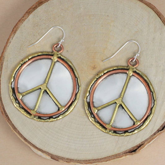 Mixed Metal Textured Peace Sign Earrings