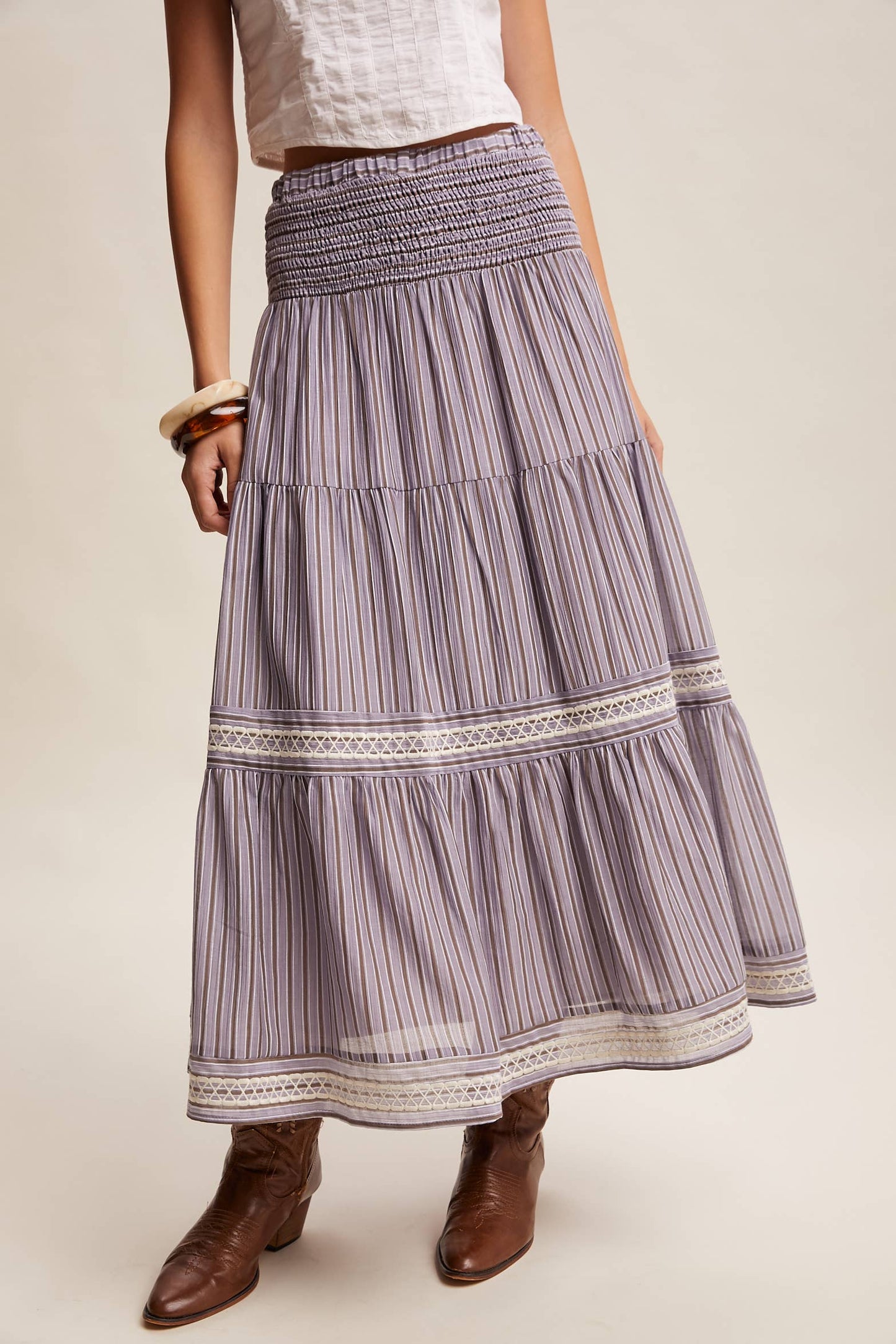 Striped Smocked Maxi Skirt with Embroidery Accents LSK0280