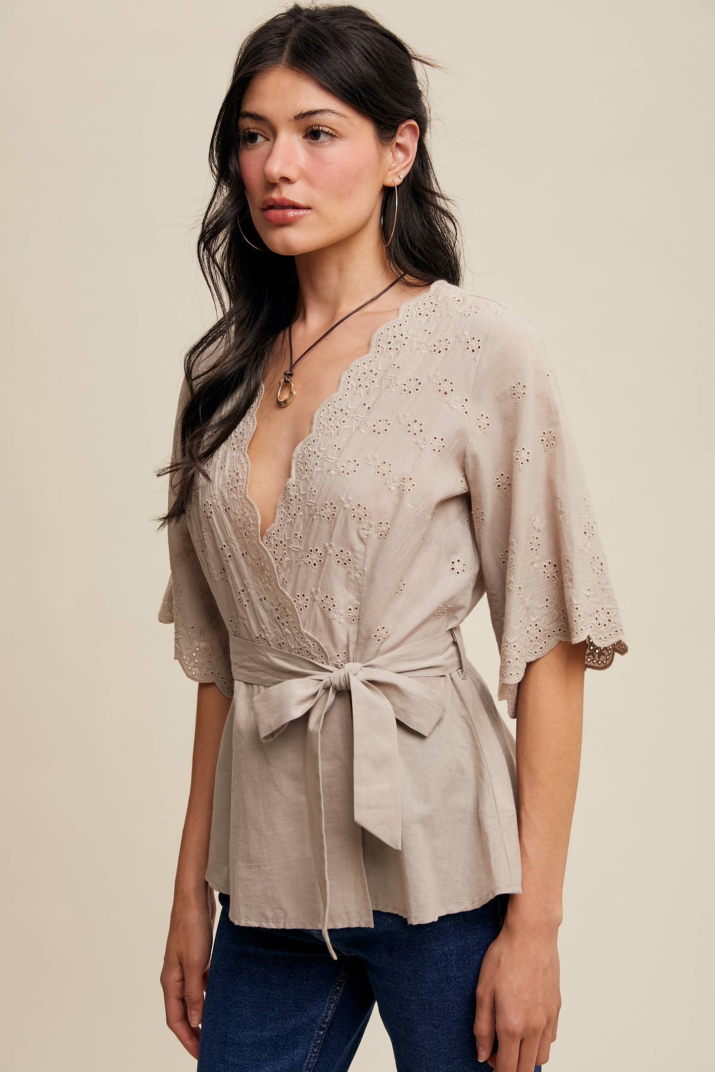 Eyelet Embroidered Wrap Blouse