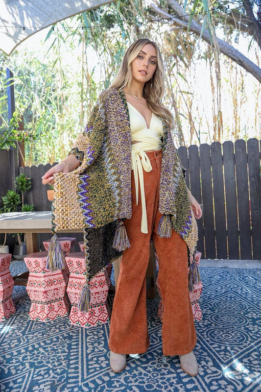 Unique Patterned Crochet Ruana – Colorful Tassel Cardigan ❤️