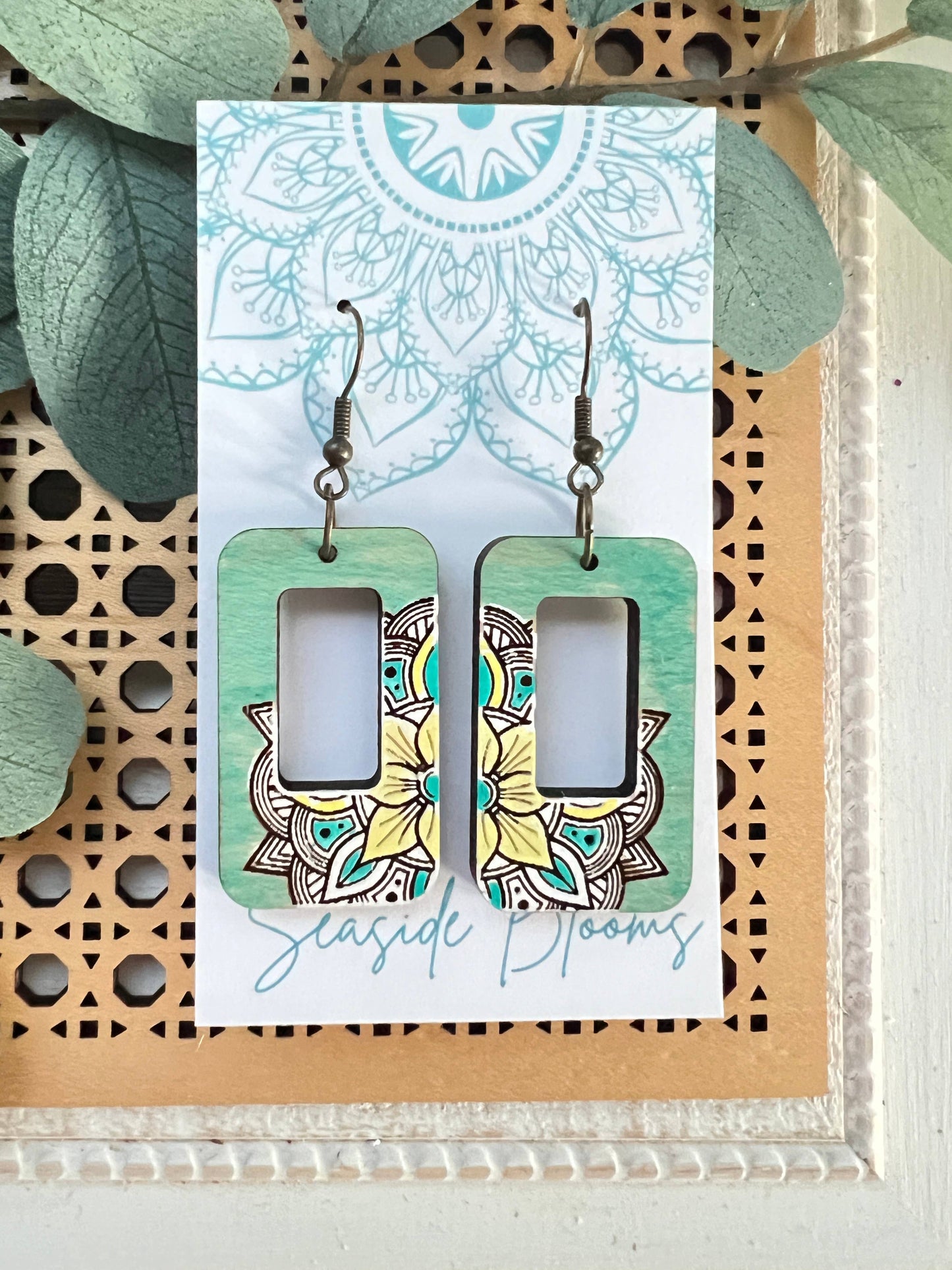 Boho rectangle mandala hand painted maple wood lightweight