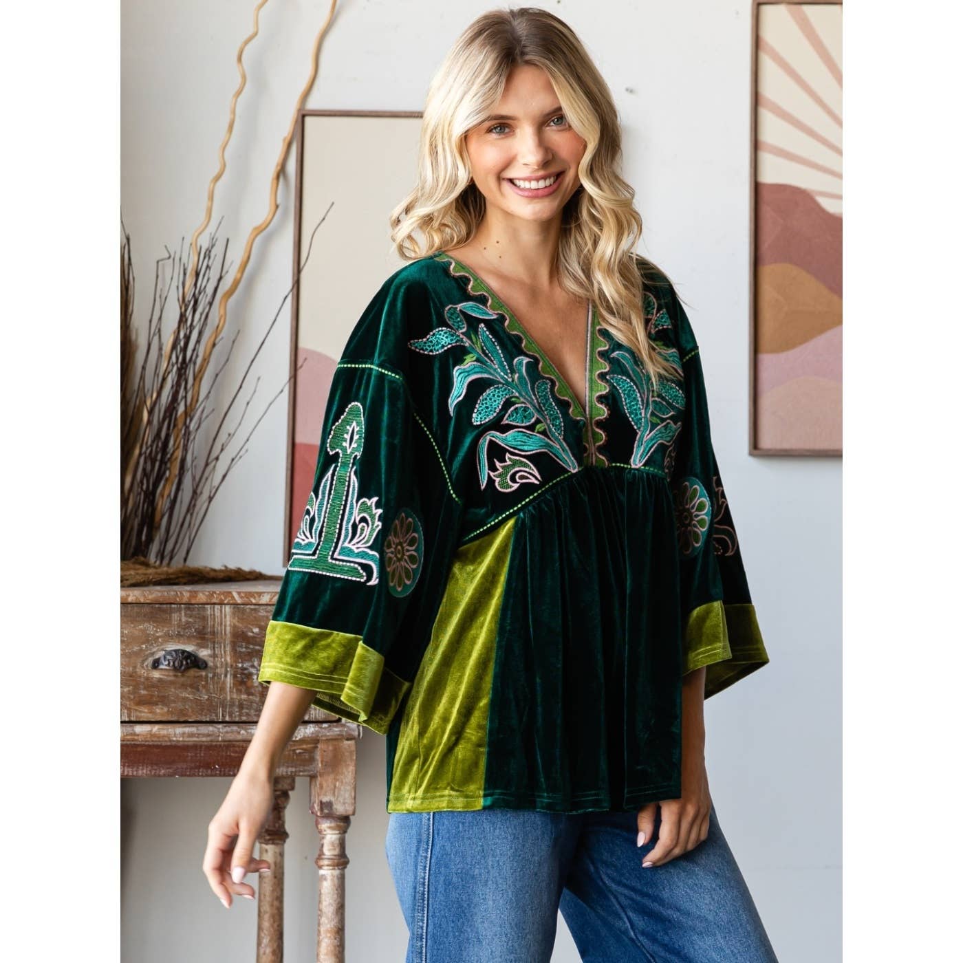 Evergreen Dreams Embroidery Velvet Top