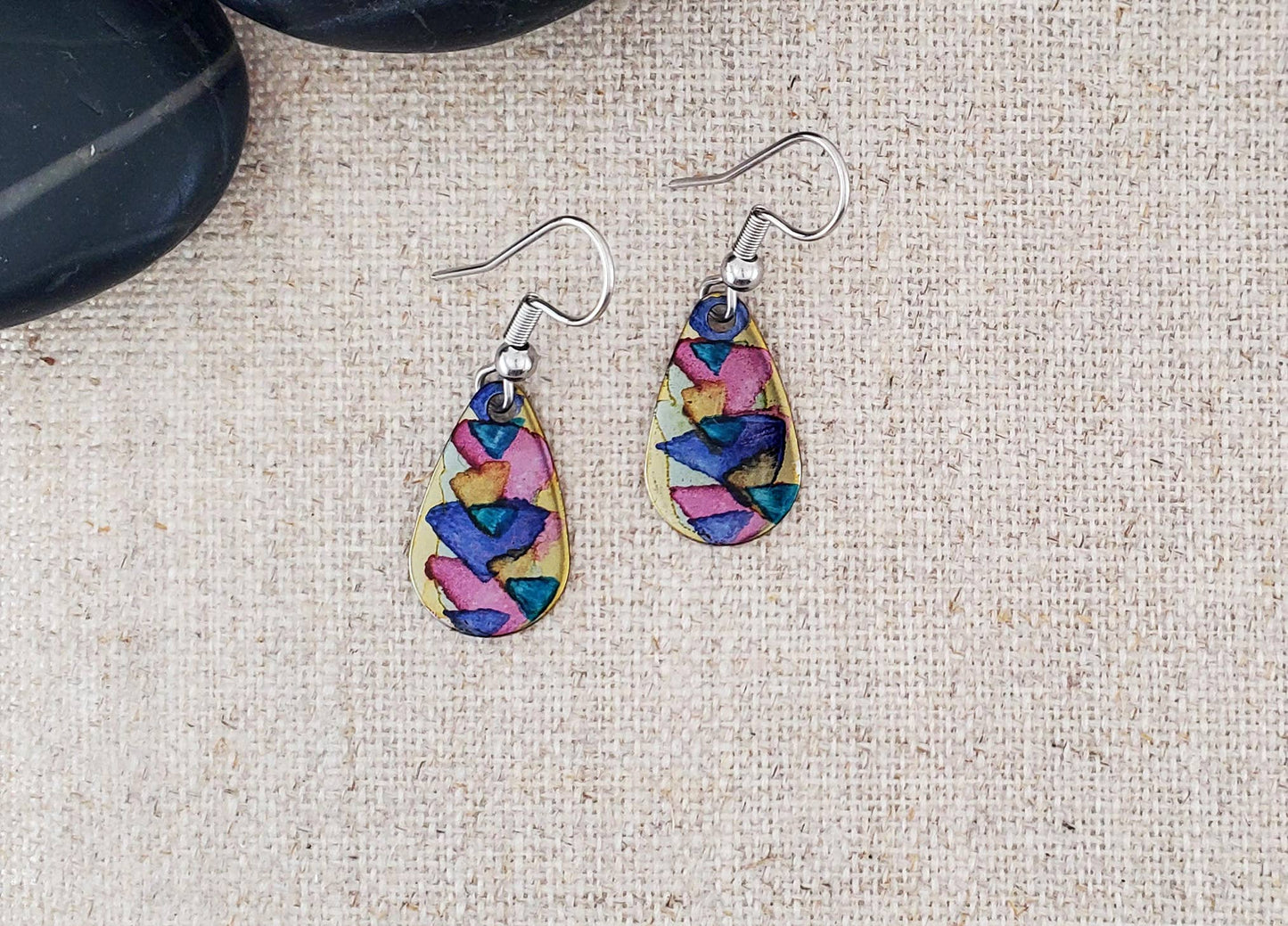 Alcohol Ink Stainless Steel Small Teardrop Earrings