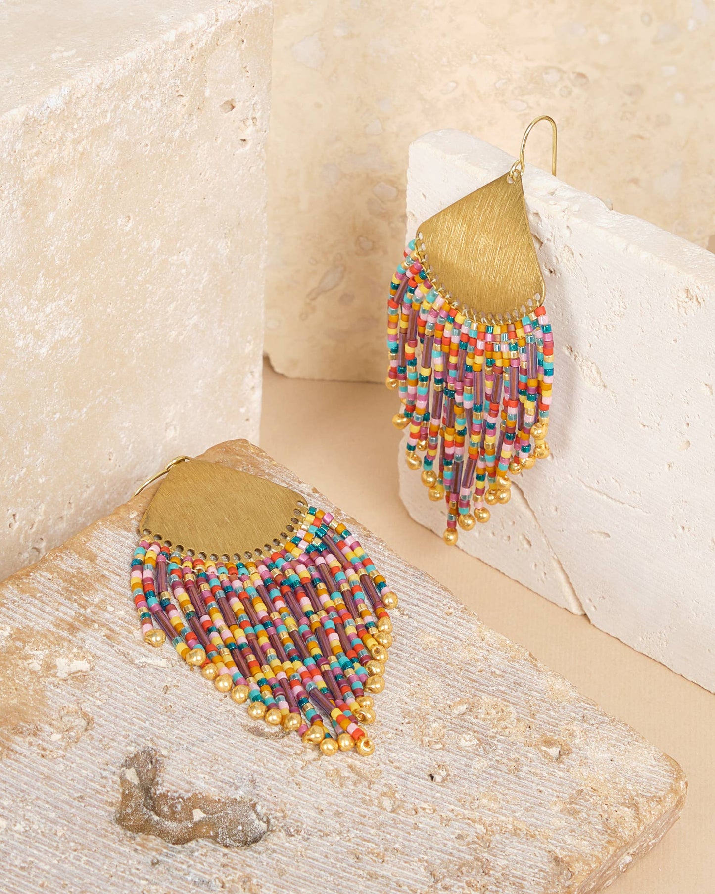 Beaded Handwoven Confetti Fringe Earrings (Purple/Rust)