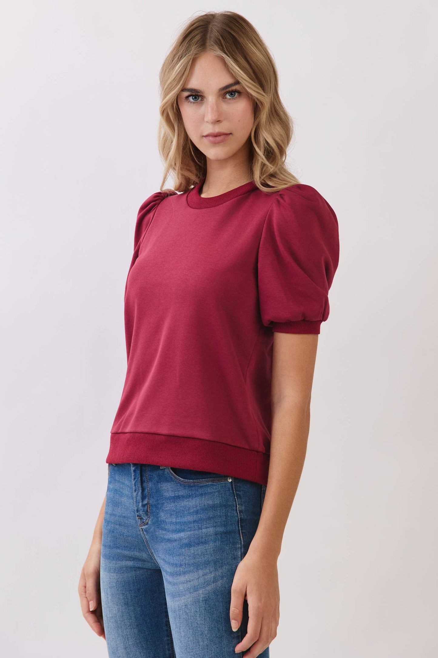 CT8936-Crew Neck Short Puff Sleeves Knit Top