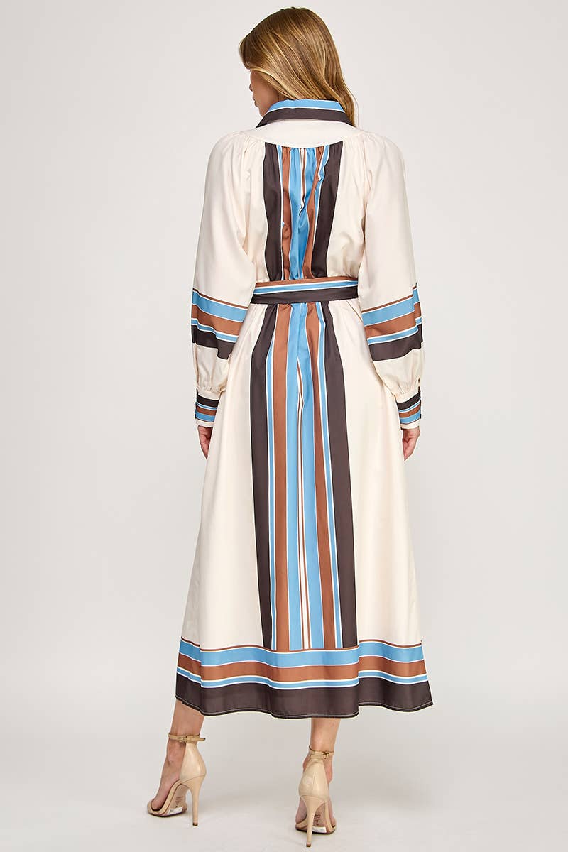 Belted Striped Button Down Maxi Shirt Dress