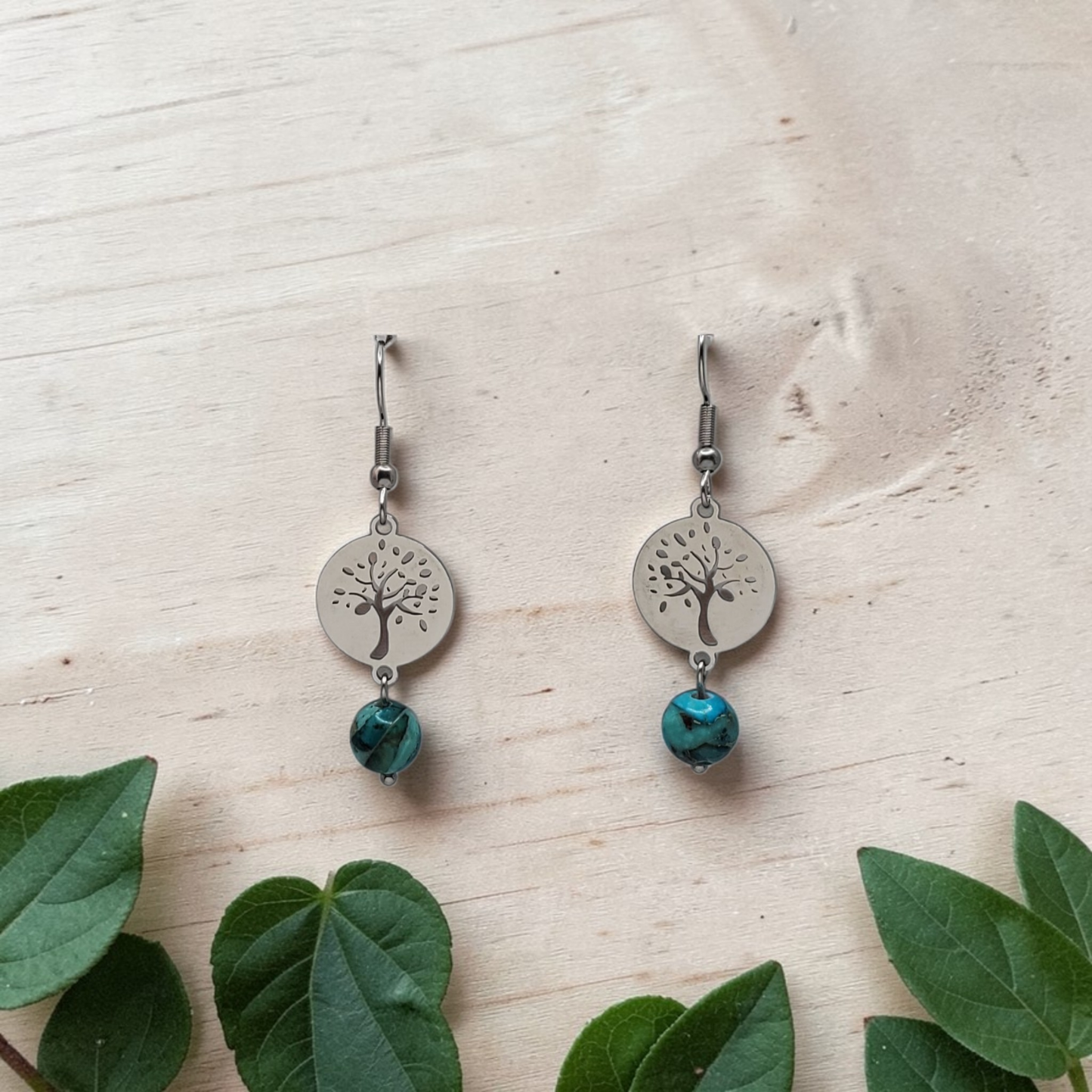 Imperial Jasper Tree of Life Stainless Earrings