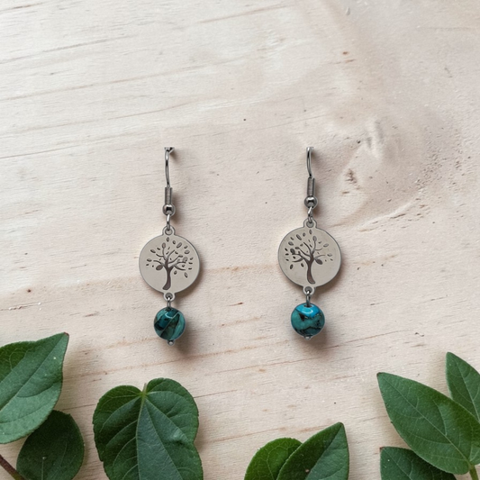 Imperial Jasper Tree of Life Stainless Earrings