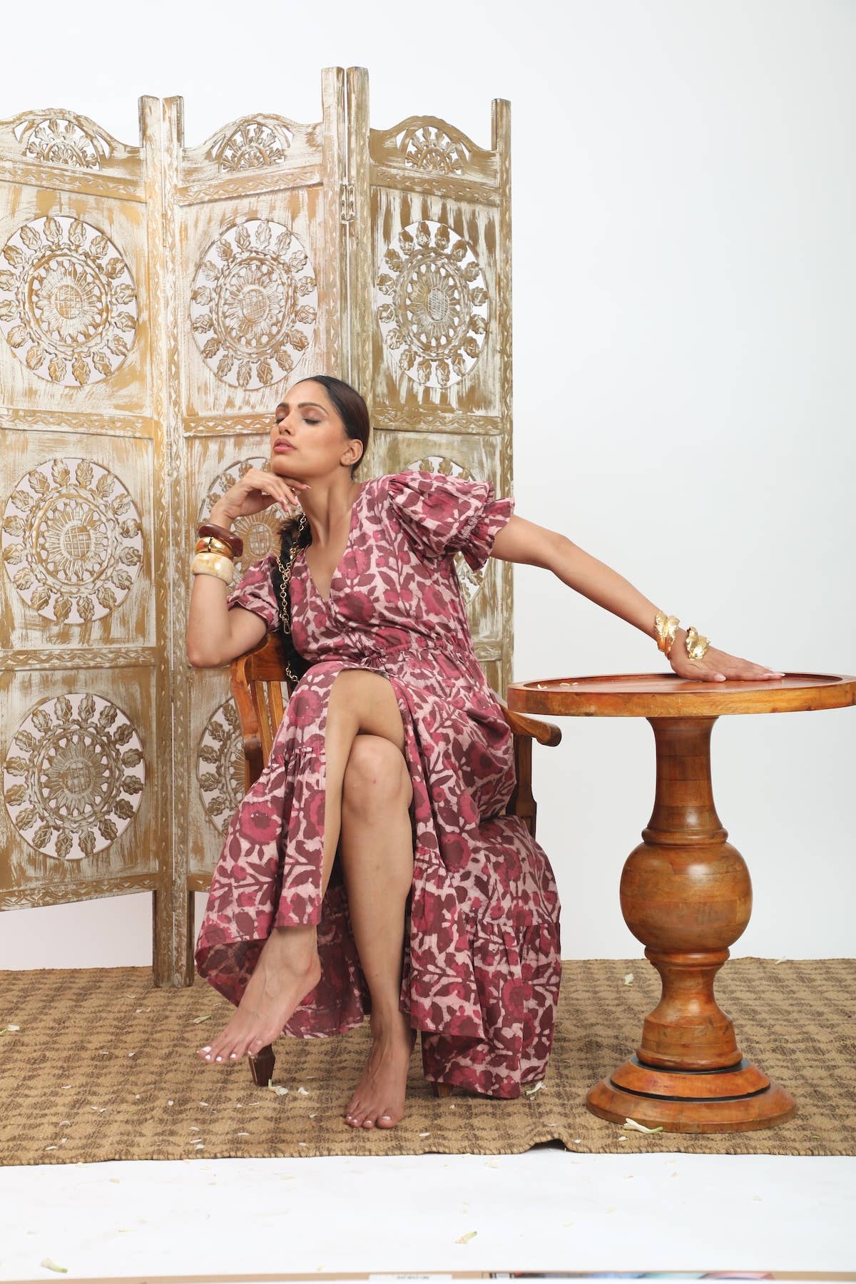 Hand Block Printed Naturally Dyed Cotton Maxi Dress (Emelie)