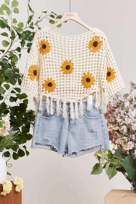 Boat Neck Crochet SunFlower Top with Fringe detail