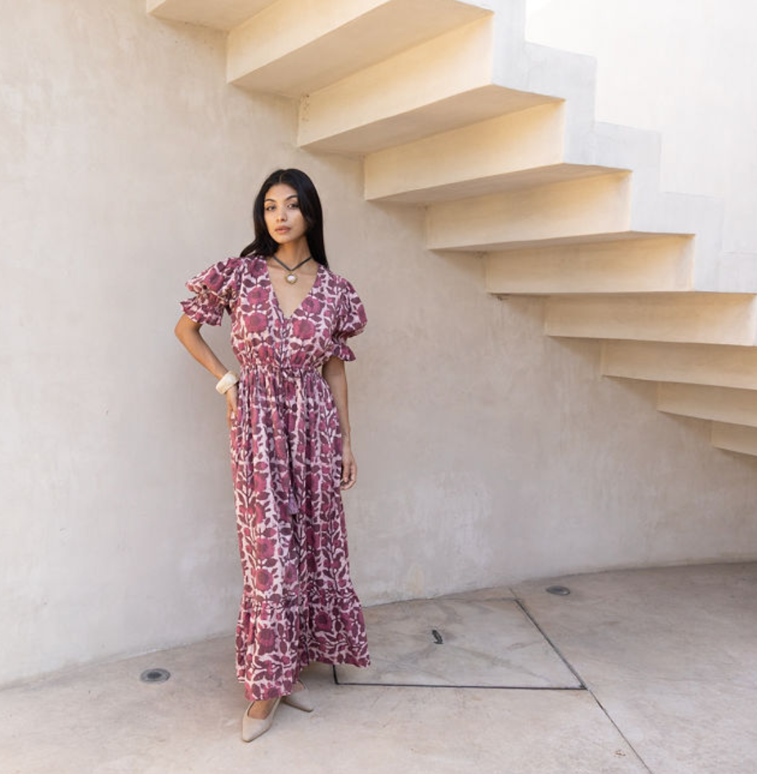 Hand Block Printed Naturally Dyed Cotton Maxi Dress (Emelie)