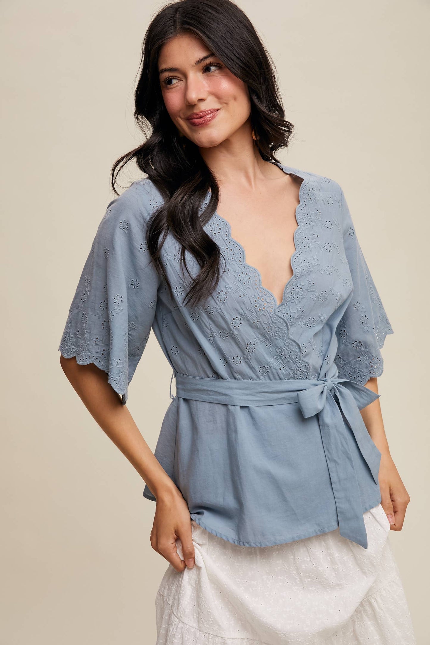 Eyelet Embroidered Wrap Blouse