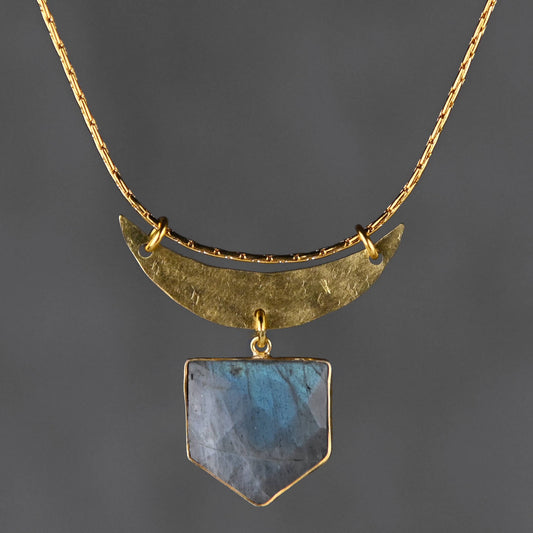 Hammered Moon & Semi Precious Shield Necklace