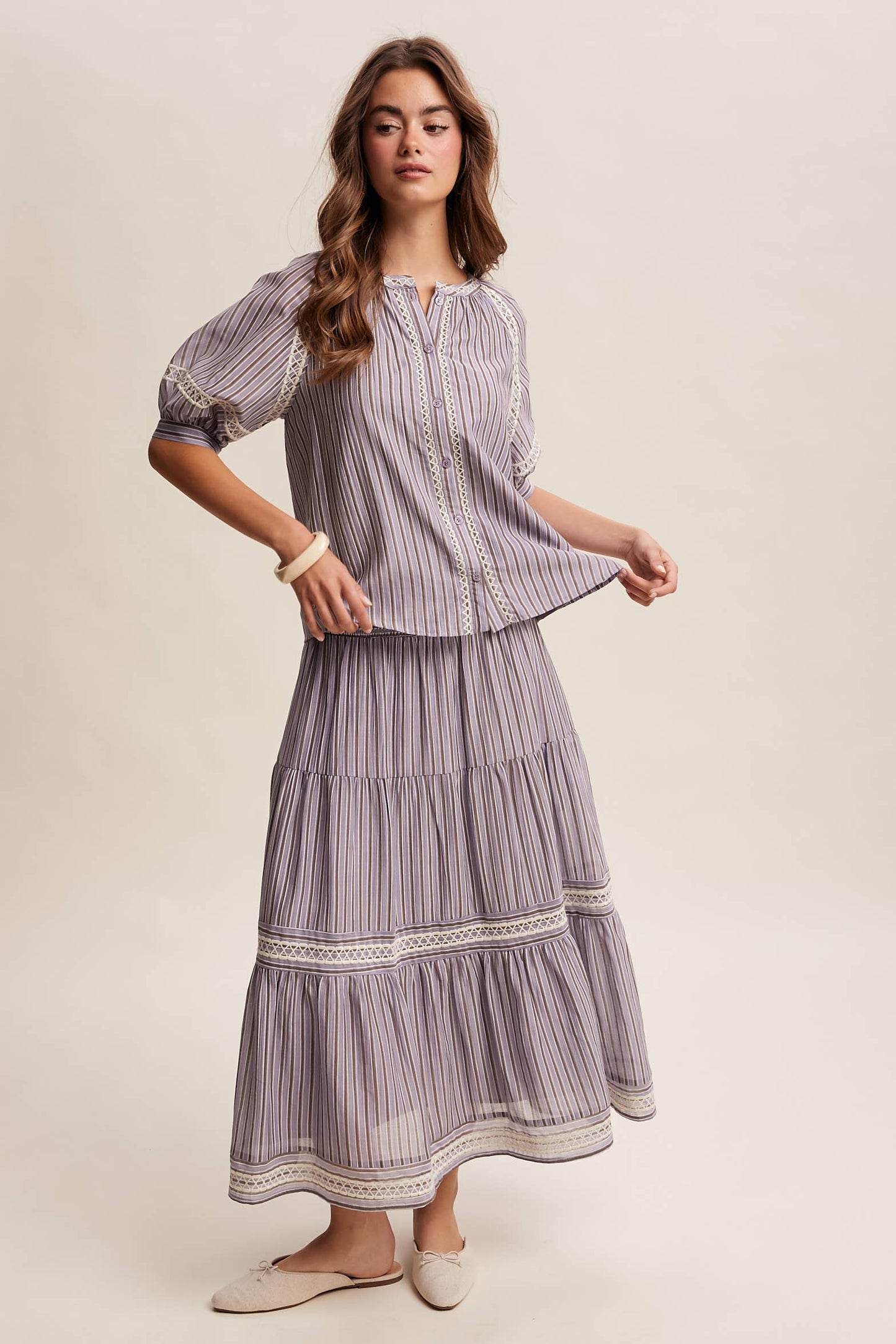 Striped Smocked Maxi Skirt with Embroidery Accents LSK0280