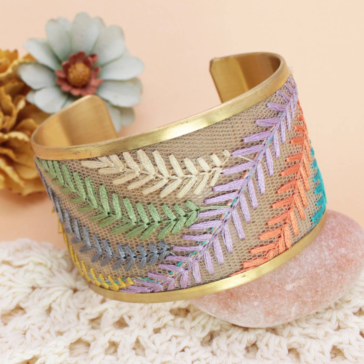 Pastel Ferns Embroidered Cuff Bracelet