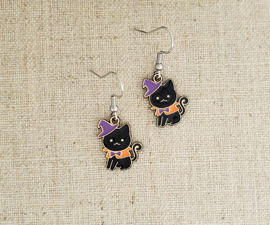 Halloween Cat Witch Enamel & Stainless Earring
