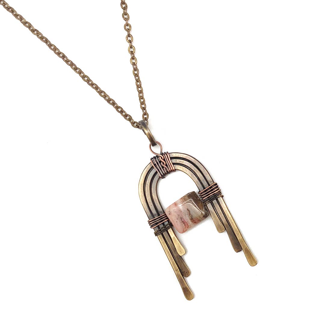 Handmade Antique Brass Arch & Pink Agate Necklace