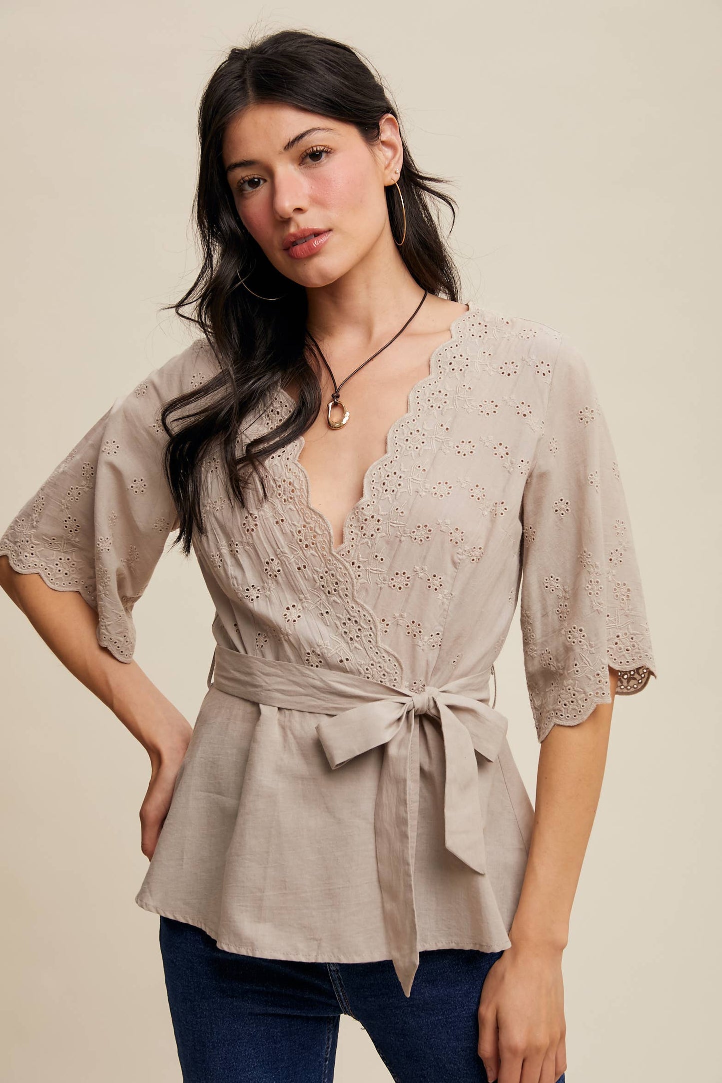 Eyelet Embroidered Wrap Blouse