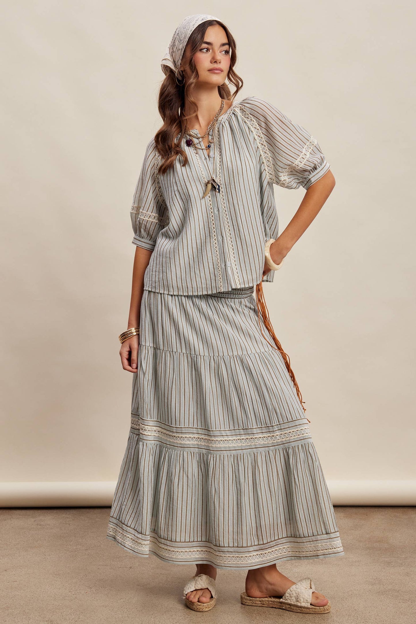 Striped Smocked Maxi Skirt with Embroidery Accents LSK0280