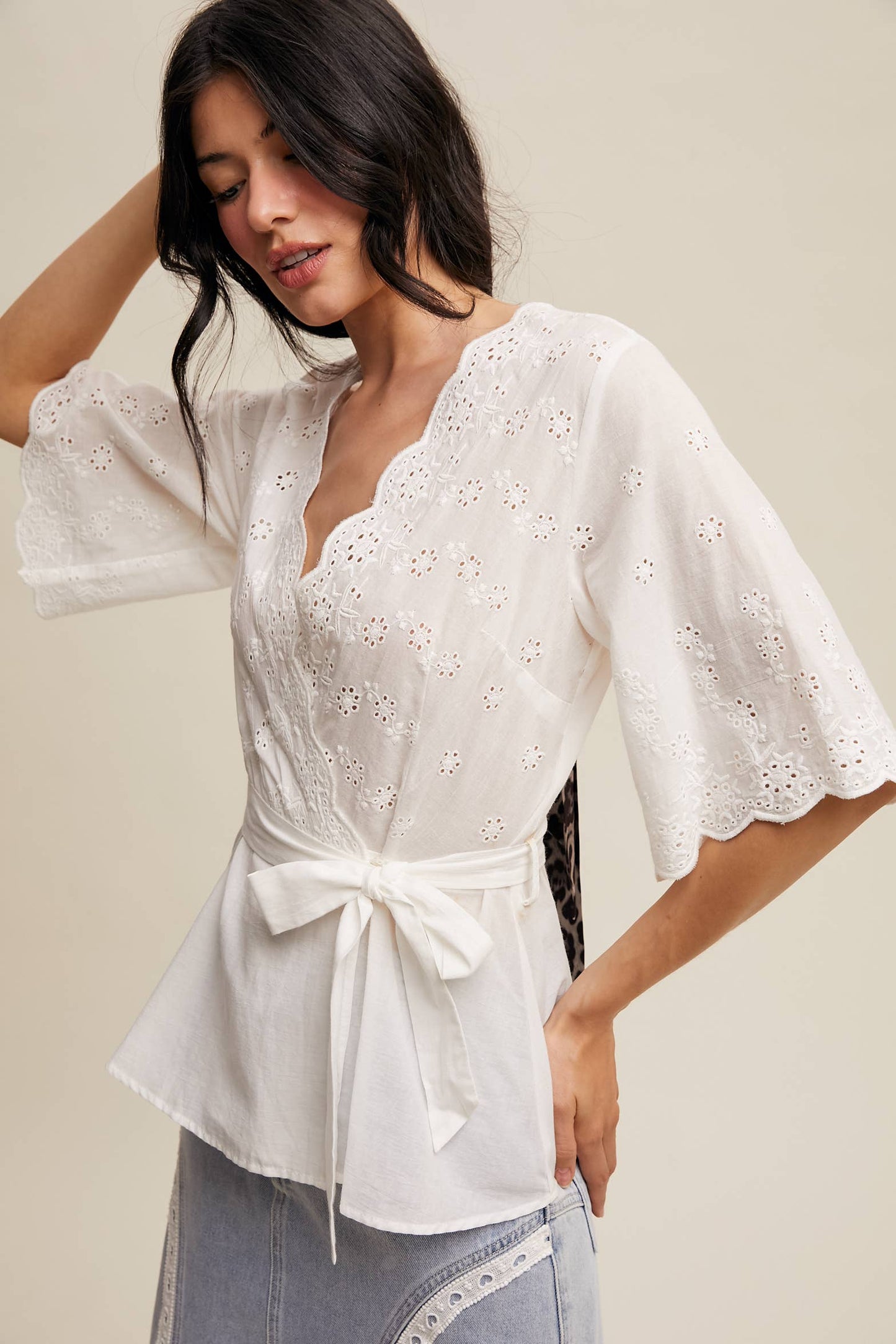 Eyelet Embroidered Wrap Blouse