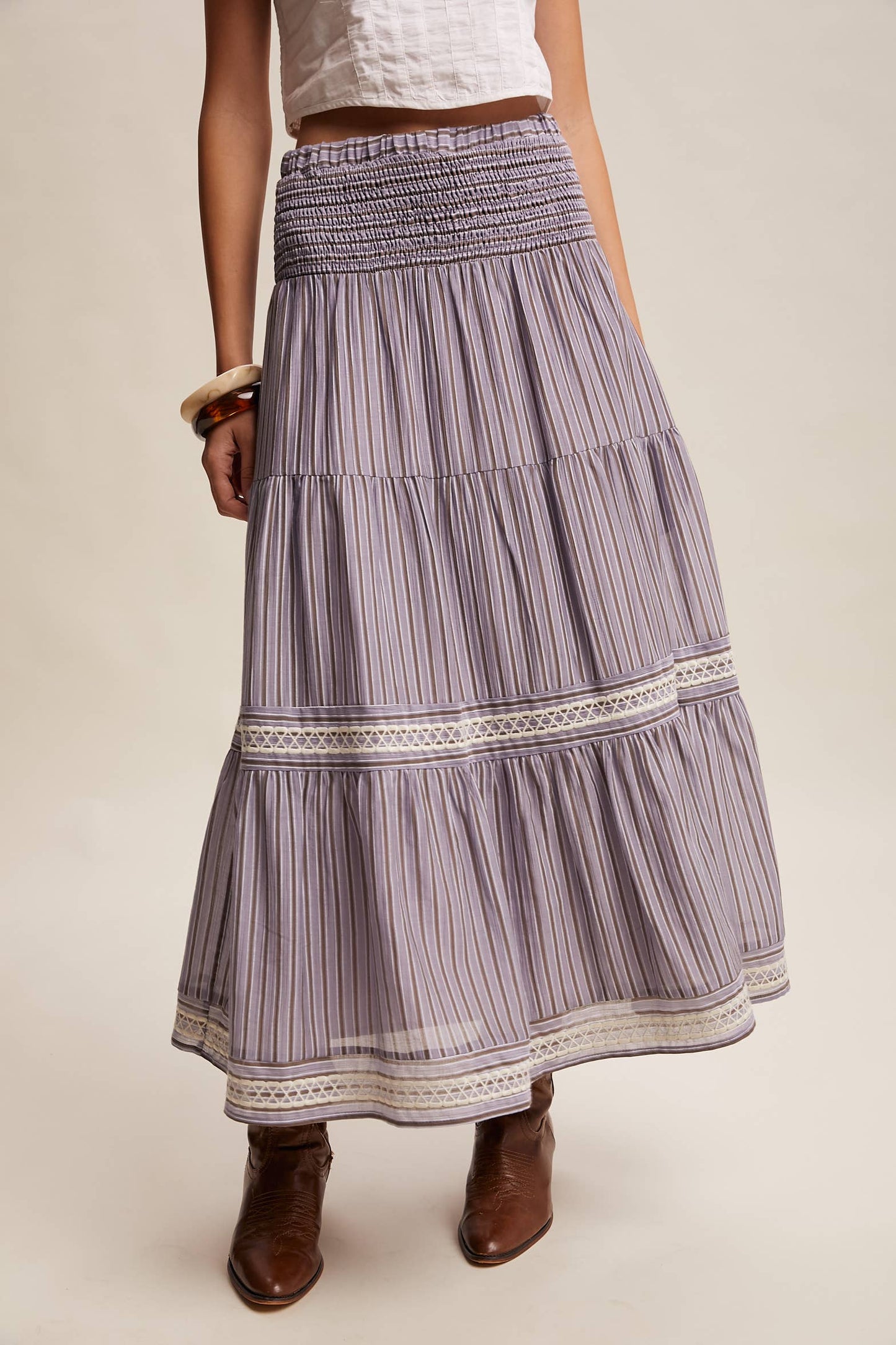 Striped Smocked Maxi Skirt with Embroidery Accents LSK0280
