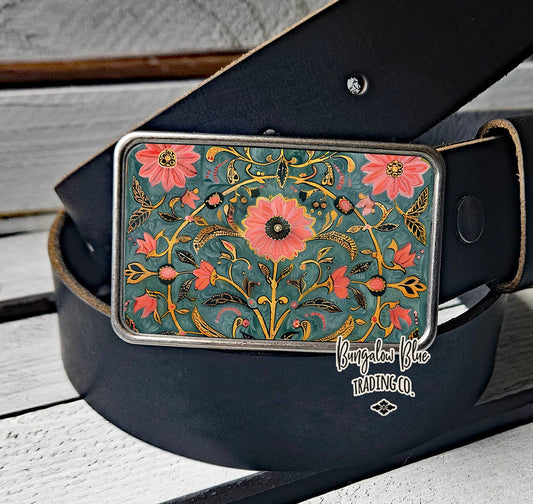 Pink Teal Boho Indian Floral Pattern Belt Buckle