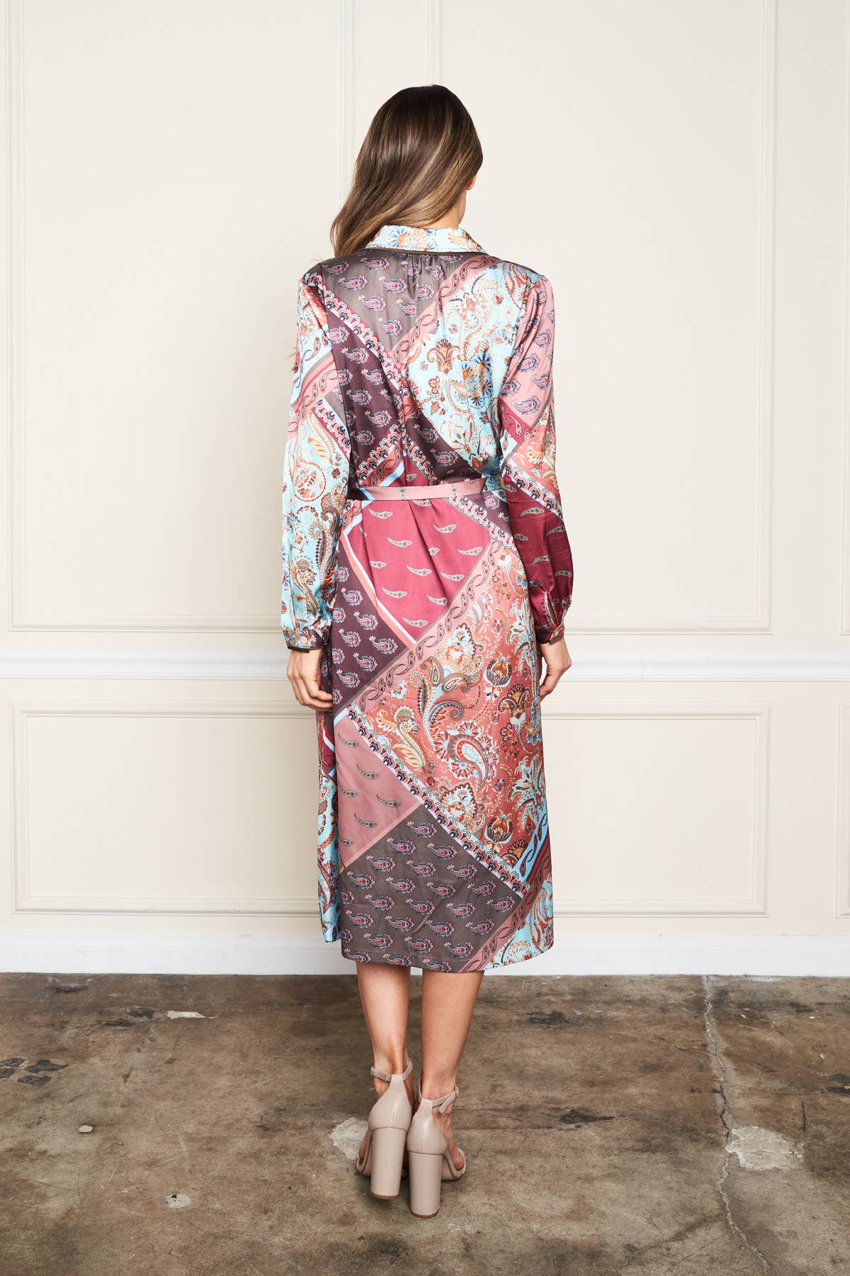 Satin Patchwork Print Shirt Dress w/Self Belt