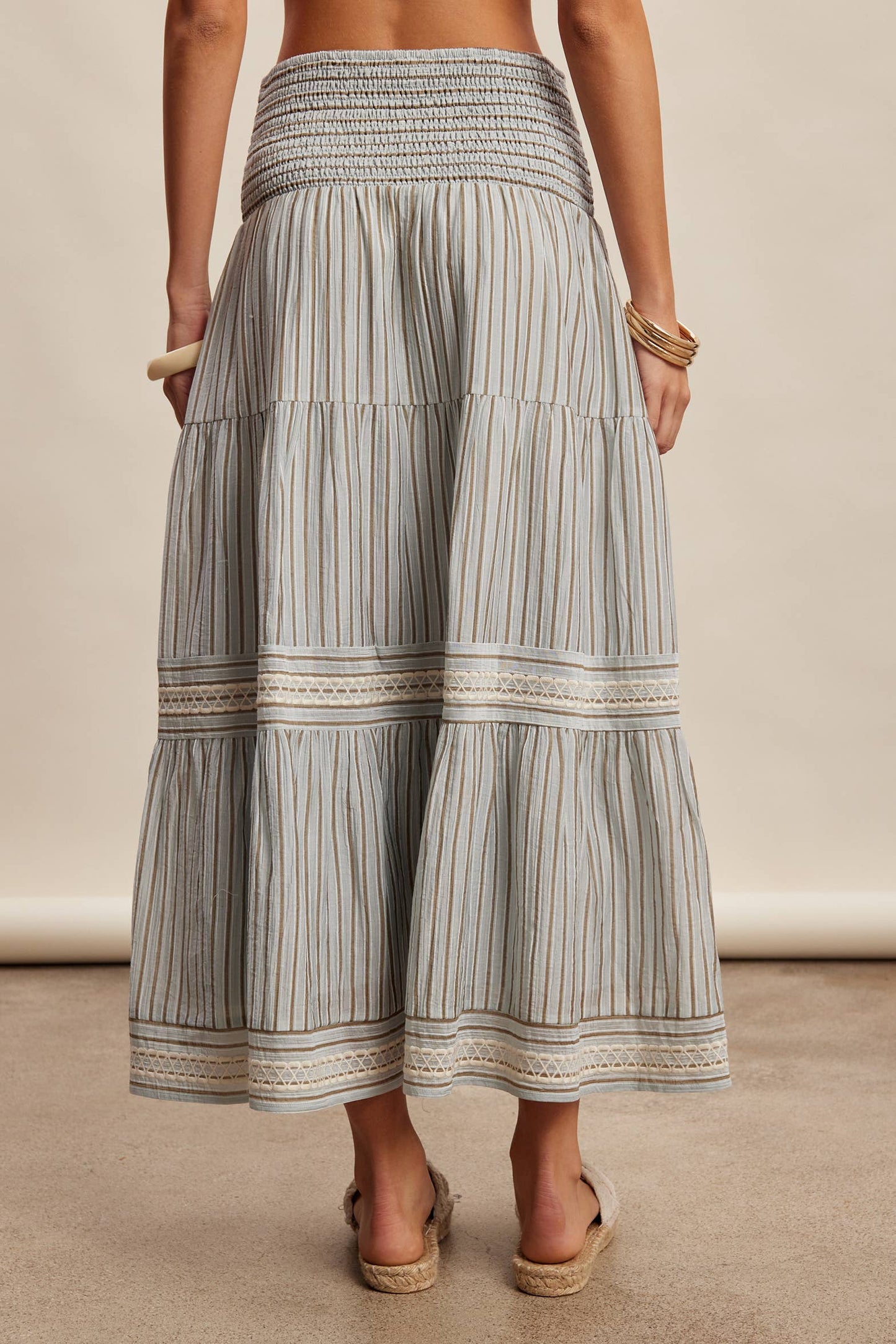 Striped Smocked Maxi Skirt with Embroidery Accents LSK0280