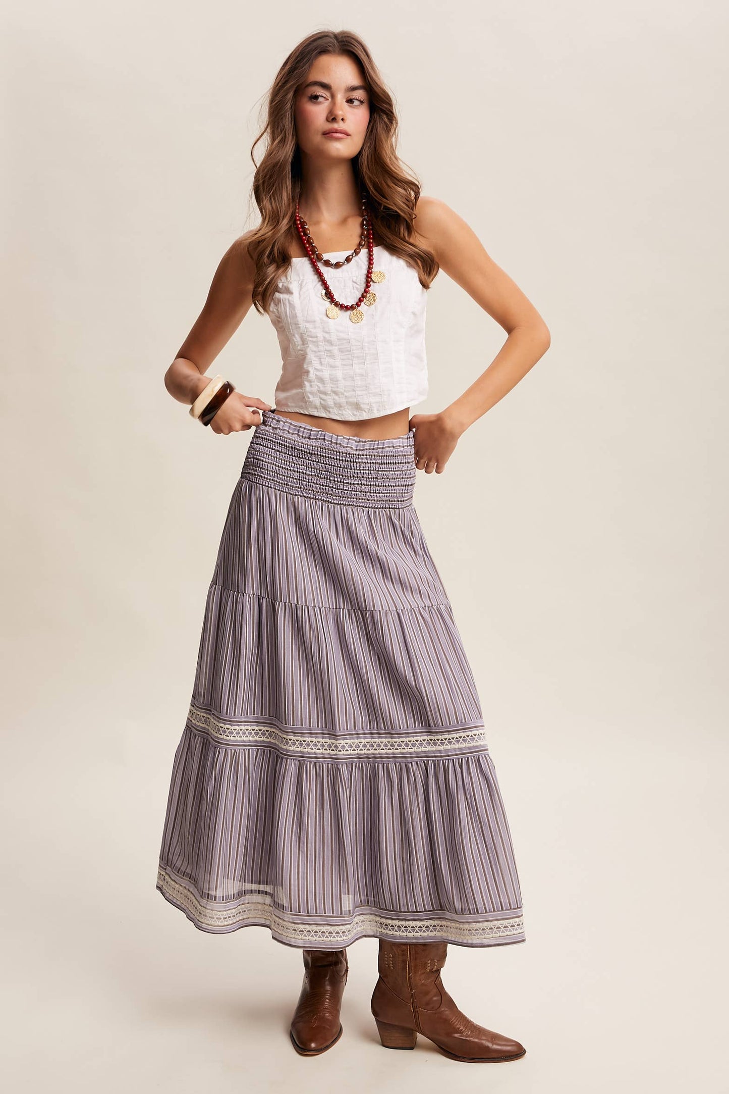 Striped Smocked Maxi Skirt with Embroidery Accents LSK0280