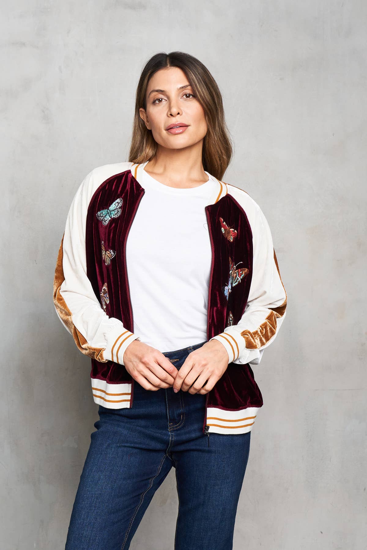 Velvet Embroidered  Baseball Jacket with Butterflies