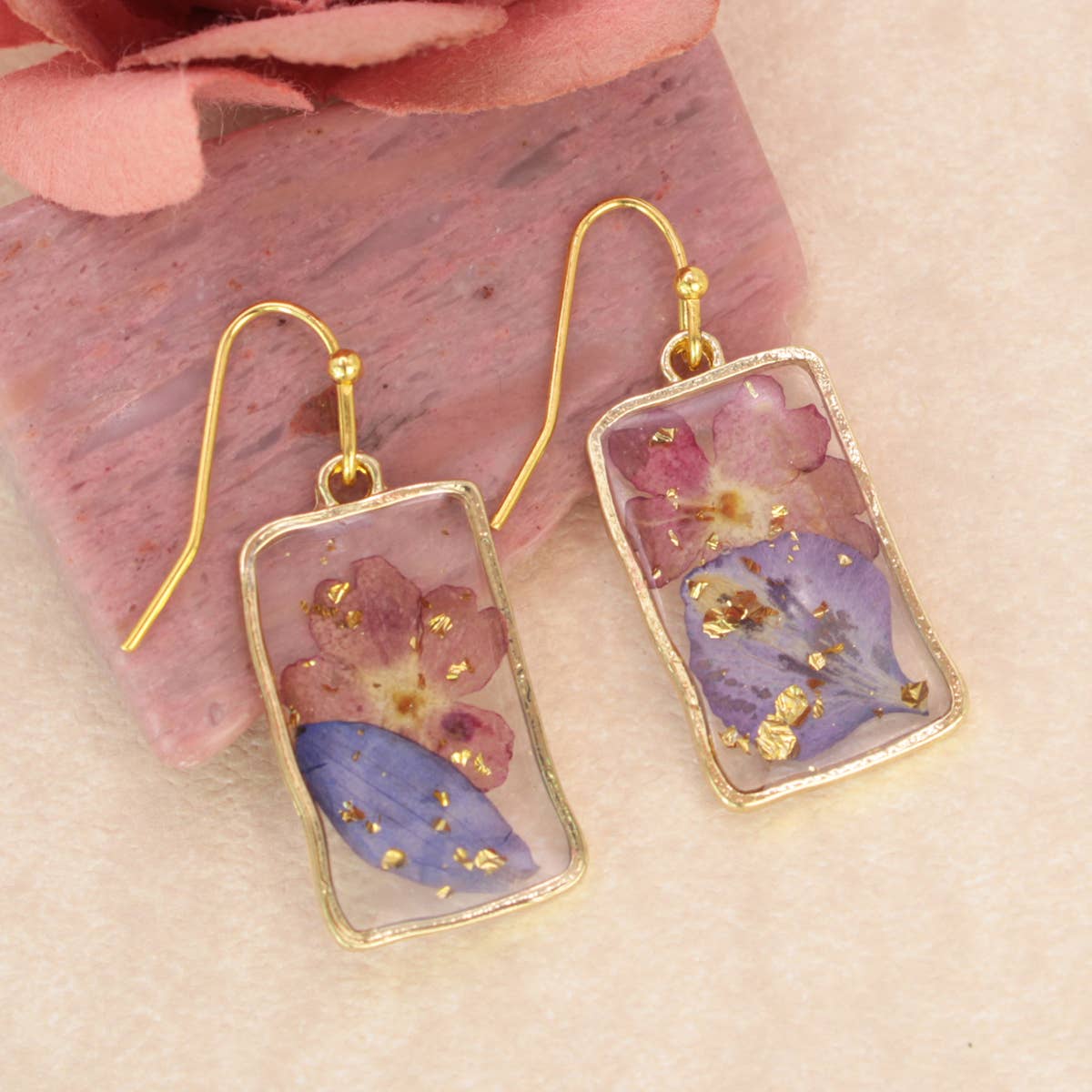 Purple Pink Dried Flower Rectangle Gold Earrings