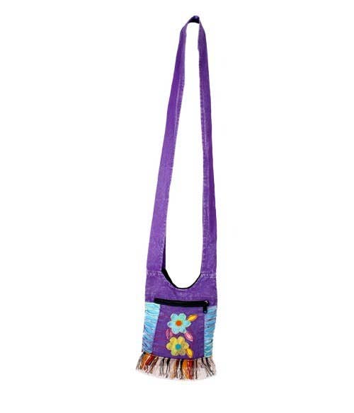 Embroidered Cotton Crossbody Bag with Fringe and Zip Pocket