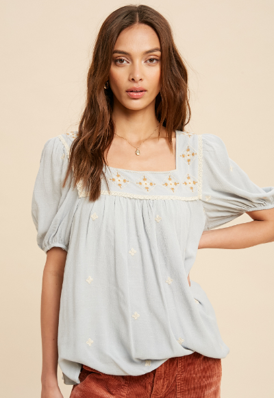All Over Embroidery Square Neck Blouse