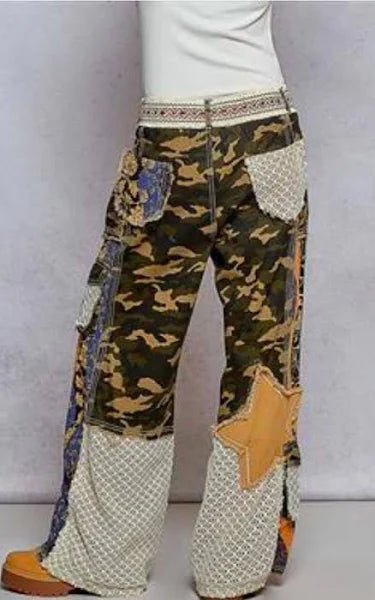 Retro Patchwork Crochet Boho Wide-Leg Pants
