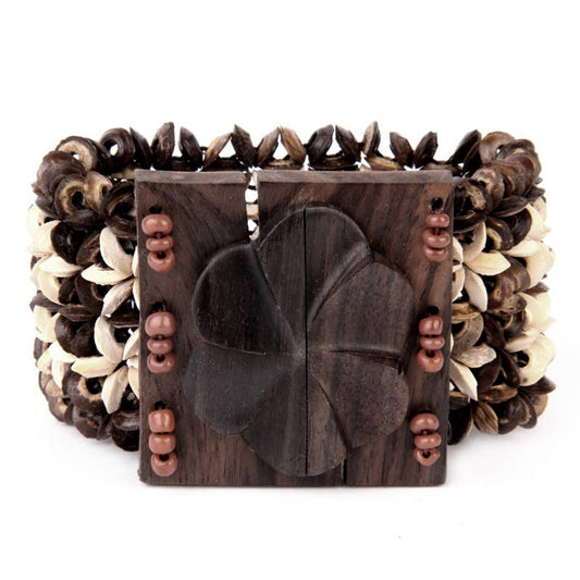 Wood buckle Coco beaded bracelet stretch flower Brown