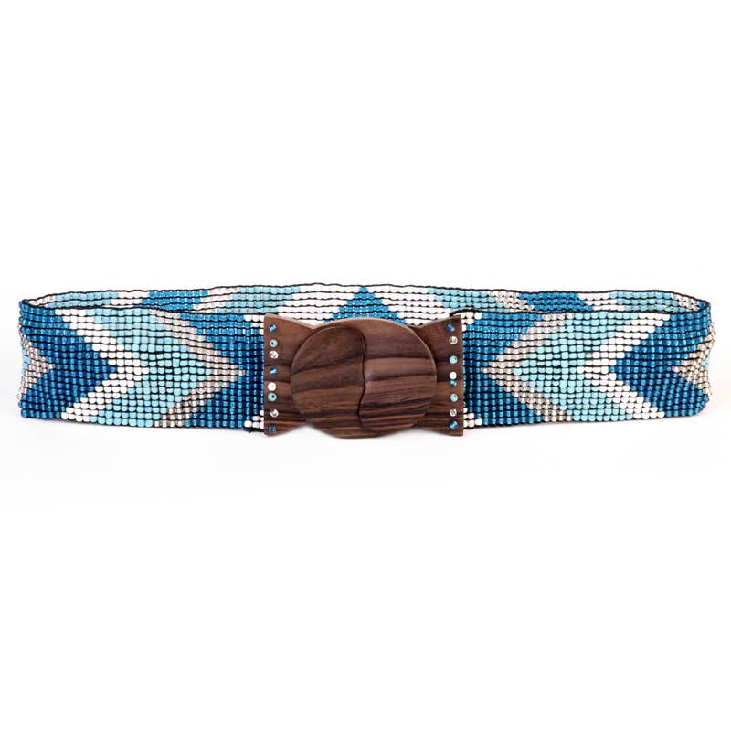 Hand loomed glass bead belt wood scroll arrow blue belts
