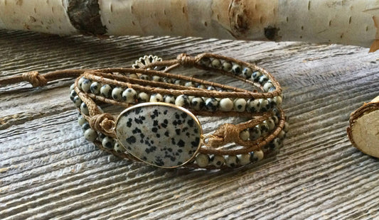 Bracelet, beaded wrap bracelet, spotted jasper